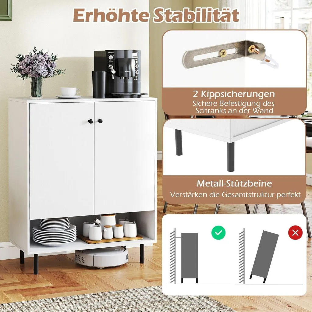 Buffet blanc anti-encombrement cuisine avec 2 portes et rayons réglables
