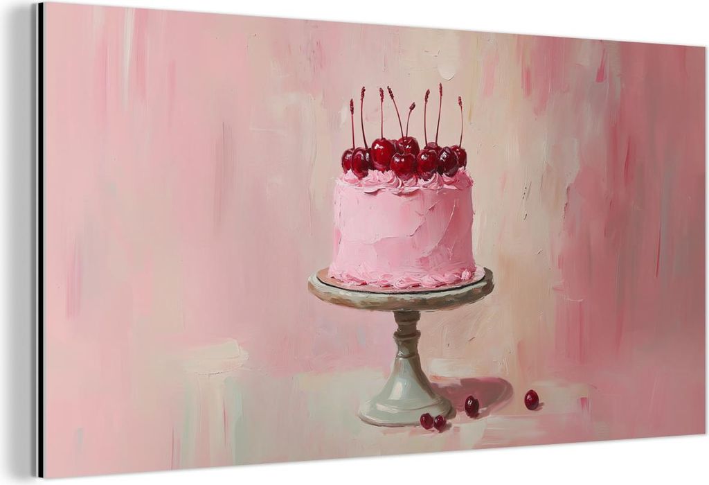 MuchoWow Wanddekoration Metall Metallbild Wandkunst 80x40 cm Torte - Rosa - Kirsche MuchoWow Aluminium Gemälde - Wanddekoration - Alubild