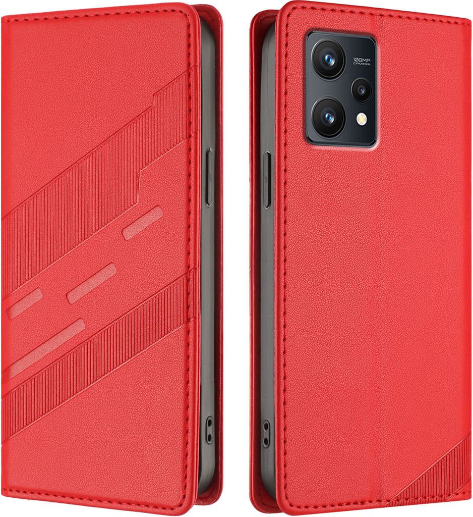 Hülle für Realme 9 4G, Kunstleder Brieftaschen Handyhülle mit Kartenfach und Standfunktion Rot