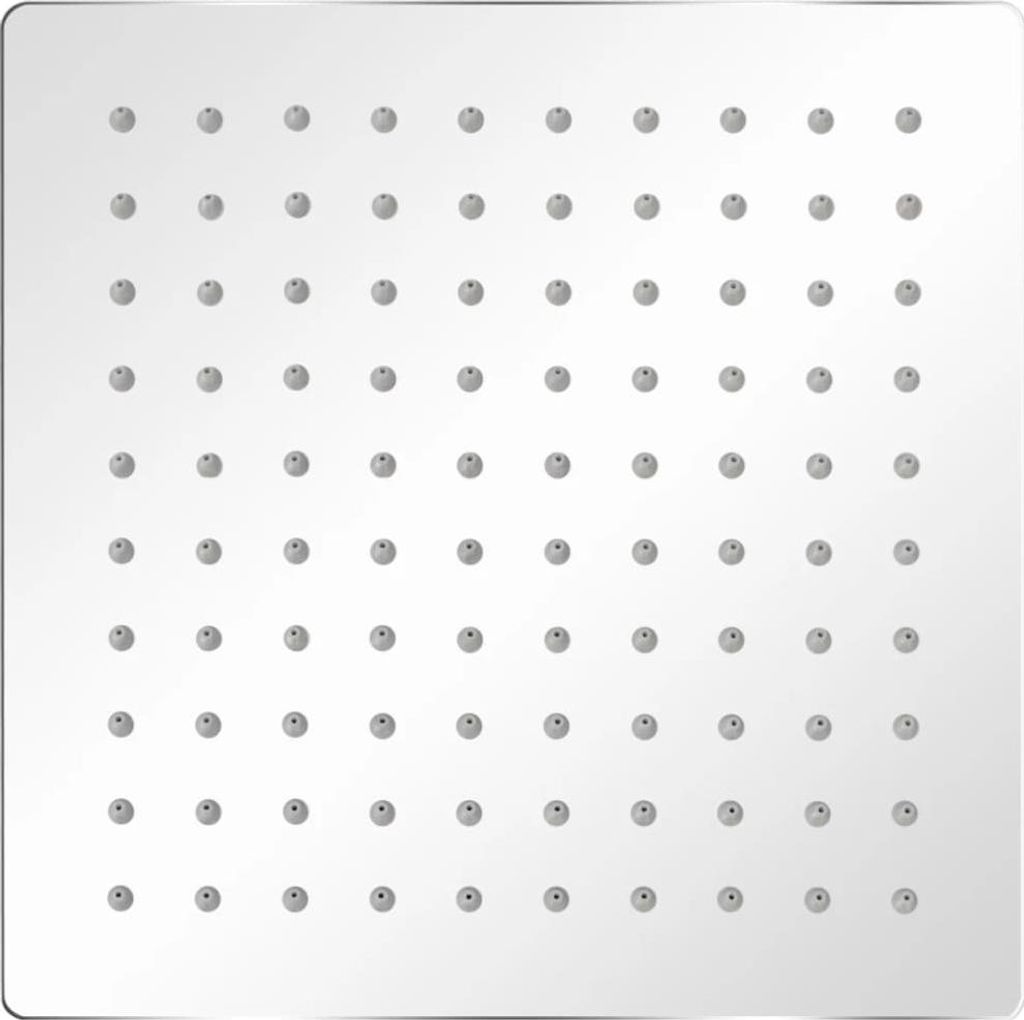 A square shower head with multiple nozzles, viewed from directly above.