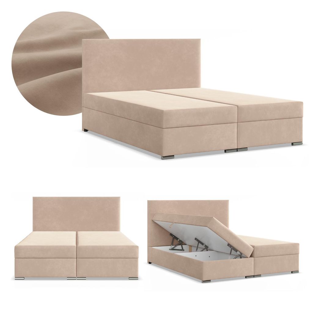 Boxspringbett 140x200 mit 2 Bettkästen, Kontinentales Bett mit Bonell Matratze, Polsterbett, Doppelbett mit Kopfteil, Samtstoff Beige, ZONZA 140 x...