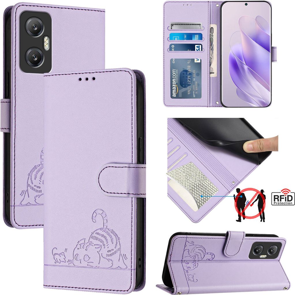 Leder Hülle für Infinix Hot 20 5G Süße Katze Flip Case Brieftasche Schutzhülle mit Standfunktion Lila