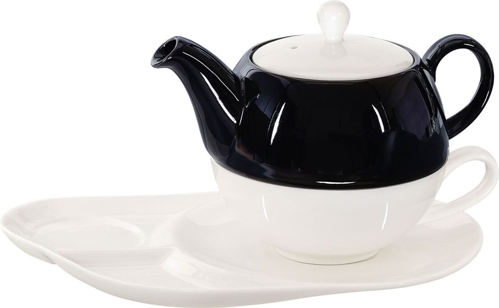 Buchensee Tea for one Set / Teeset Lena, Teekanne 500ml mit Teetasse und Ablageteller, schwarz, Crystal Bone China Porzellan