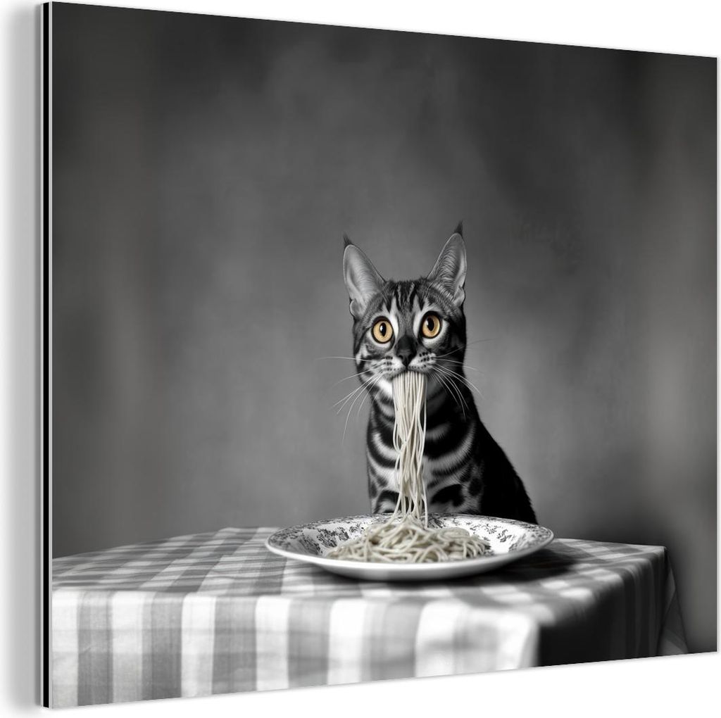 MuchoWow Wanddekoration Metall Metallbild Wandkunst 80x60 cm Bengalisch - Katze - Tischtuch - Schwarz - Weiß - Tier MuchoWow Aluminium Gemälde - ...