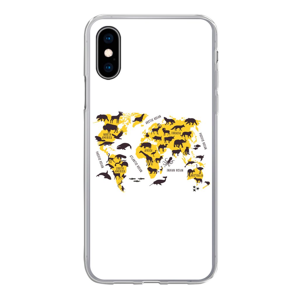 MuchoWow Handyhülle Schutzhülle Hülle für iPhone X Weltkarte - Tiere - Gelb Silikon Softcase Handy Hülle - Handyhülle