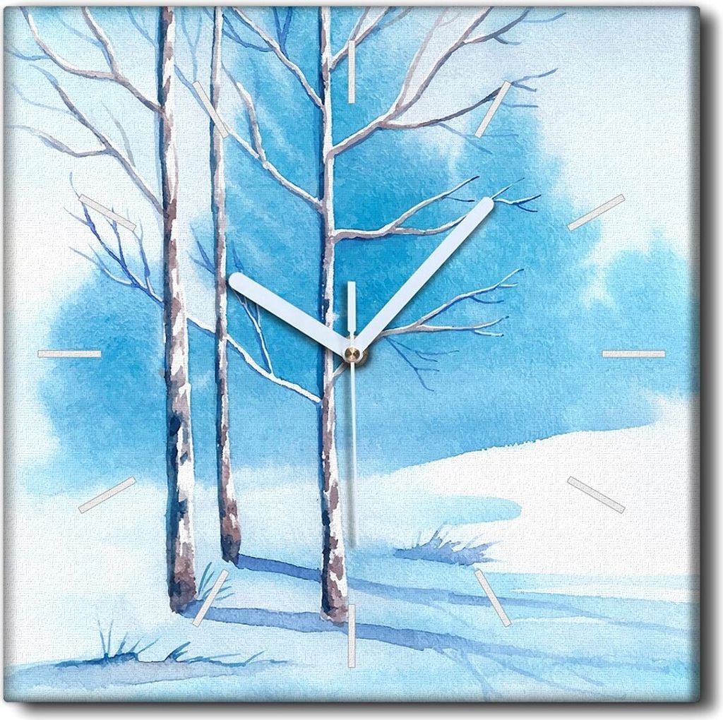 Coloray Uhr auf Leinwand 30x30 cm Wand Uhr Dekoration Wohnzimmer Segeltuch weiße Zeiger -Schnee-Bäume-Landschaft.
