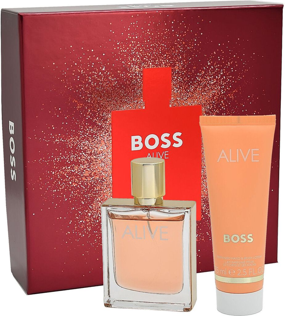 A gift set containing Hugo Boss perfume and body lotion.