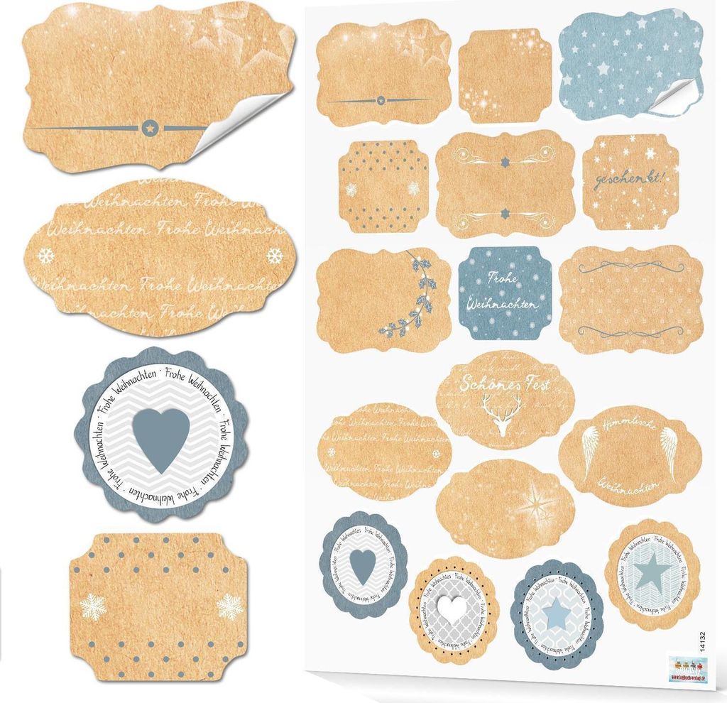 Logbuch-Verlag 17 Weihnachtsaufkleber Aufkleber Weihnachten natur beige Kraftpapier hell-blau shabby Geschenkaufkleber Sticker Verpackung Weihnacht...