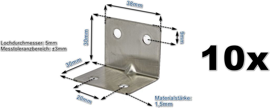 10x Edelstahl Winkel 30x30x38mm Var1 Lochwinkel Metallwinkel Balkenwinkel (SET)