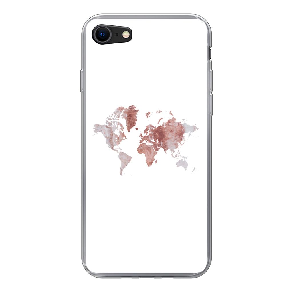 MuchoWow Handyhülle Schutzhülle Hülle für iPhone SE 2022 Weltkarte - Rosa - Farbe Silikon Softcase Handy Hülle - Schutzhülle