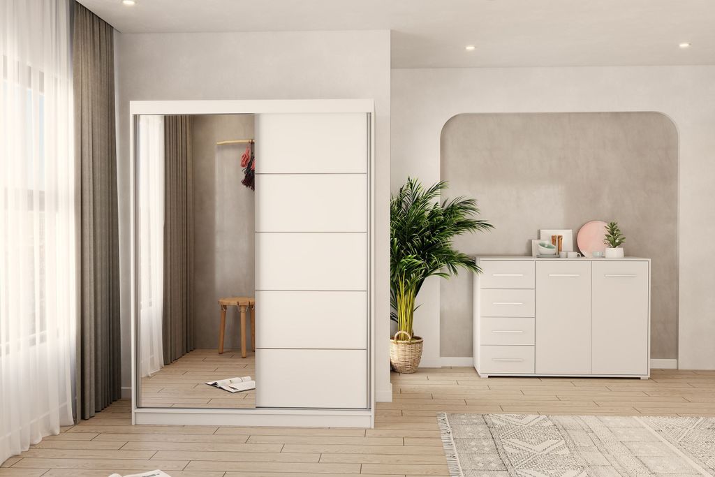 2er-Set Schwebetürenschrank Schrank Kleiderschrank mit Spiegel Weiß/Weiß 150cm Vista 05 mit Kommode 135cm FRIDA 01 und Led Beleuchtung