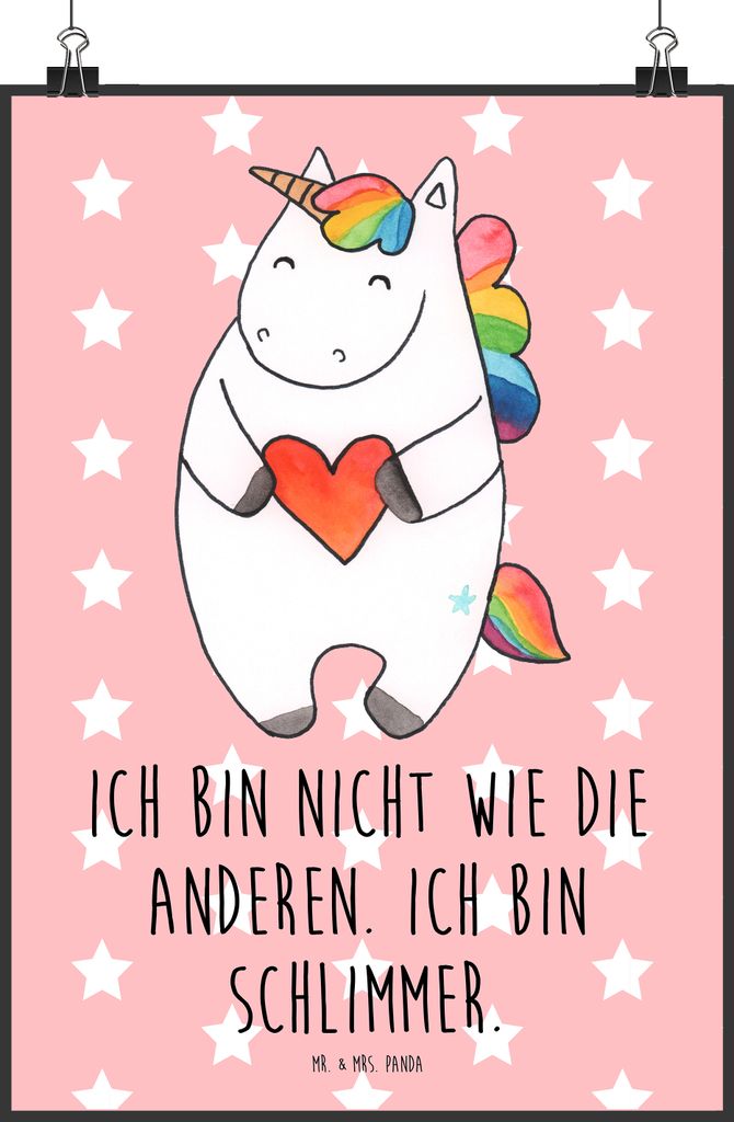 Mr. & Mrs. Panda Bild Einhorn Herz DIN A2 - Rot Pastell - Geschenk, Lustig, drucke, Freundin, Wanddekoration, wanddeko, Wandbild, Plakat, Anders, b...