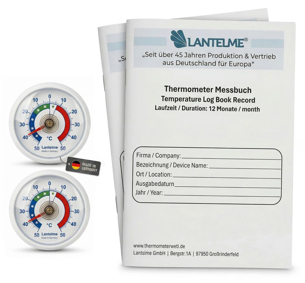 4-teiliges Kühlschrank Thermometer Set mit Messheften & Produktbild 