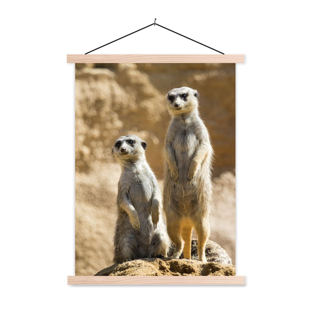 MuchoWow Textilposter Felsen - Erdmännchen - Tiere 60x80 cm mit holzfarbenen Rahmen - Wandbild