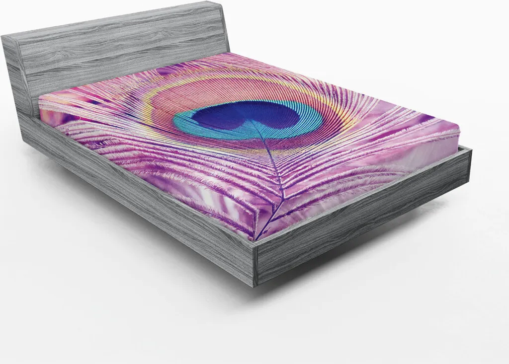 ABAKUHAUS Lenzuolo con angoli in tessuto elasticizzato, tema bohemien Primo piano Foto di piuma di pavone colorata, 180 x 200 cm, multicolore