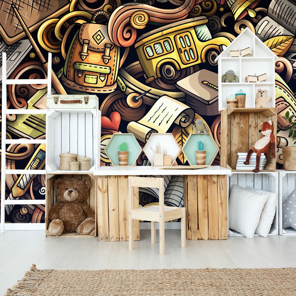 Muralo XXL Selbstklebende FOTOTAPETE Retro SCHULZUBEHoeR 3D Effekt Dekor (B) 360 cm x (H) 240 cm Tapete Wandtapete WOHNZIMMER SCHLAFZIMMER 4819