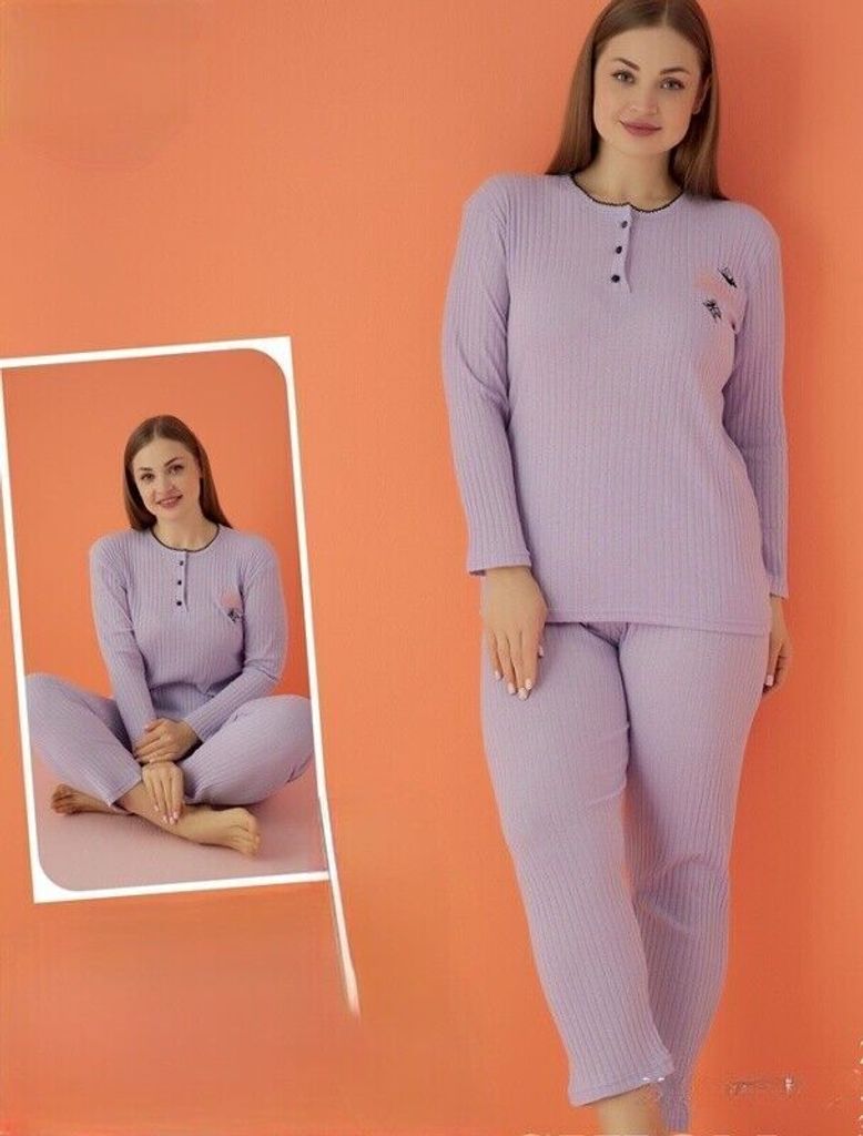 Damen Pyjama Schlafanzug Lila XL Warm Baumwolle 2-Teiler Set Winter A-84