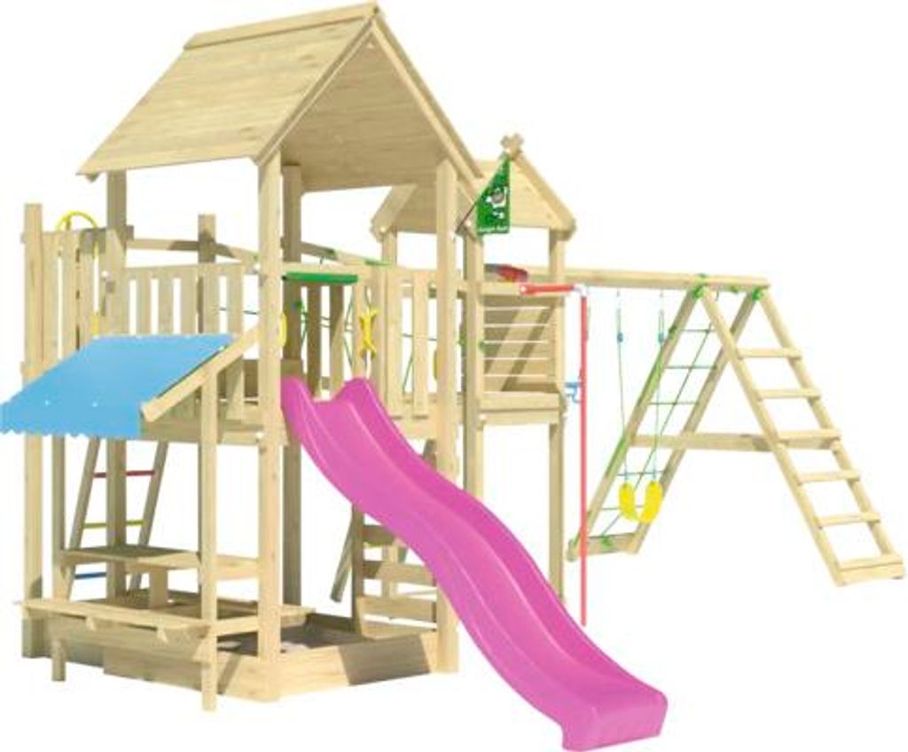 Doppelschaukel Spielhaus mit Stelzen Jungle Gym 652 x 464 cm Holz fuchsia