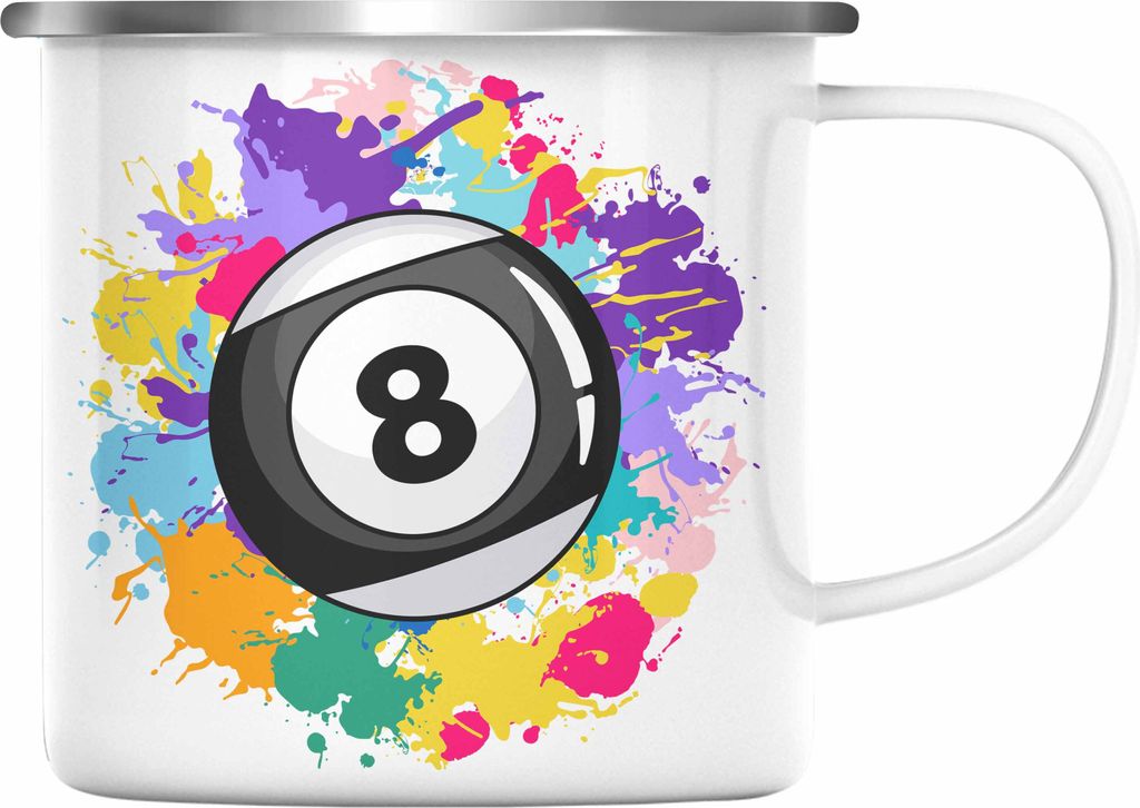 Trendation - Billard Emaille Tasse Geschenk Billardspieler Geschenkidee Emaille Emaille Tasse Pool (Silber)