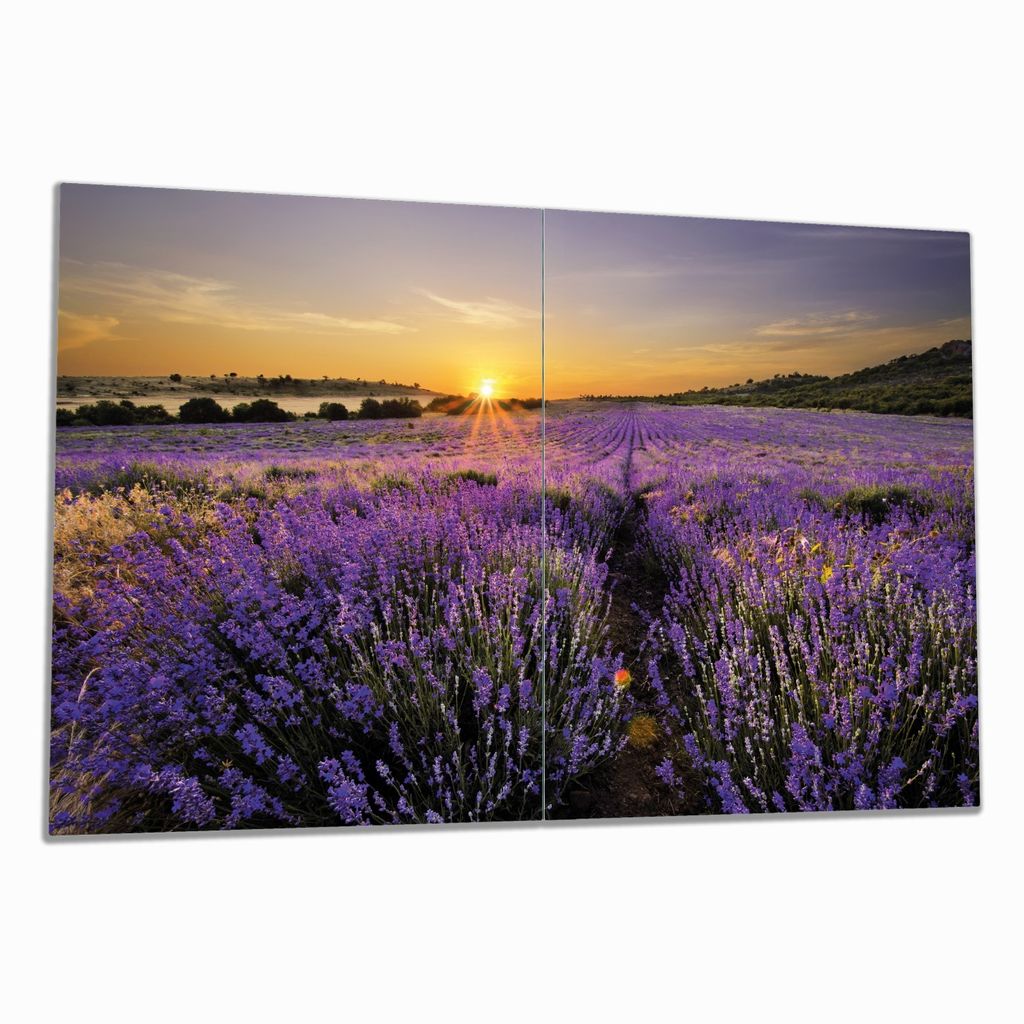 Wallario Herdabdeckplatte aus Glas, Größe 80 x 52 cm 2-teilig, Motiv Sonnenuntergang über dem Lavendel