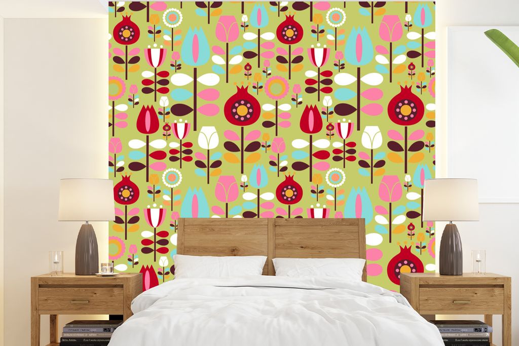 MuchoWow Fototapete für Wohnzimmer oder Schlafzimmer Wandtapete Vinyl Motivtapete Muster - Blumen - Farben - 200x220 cm - Vinyltapeten