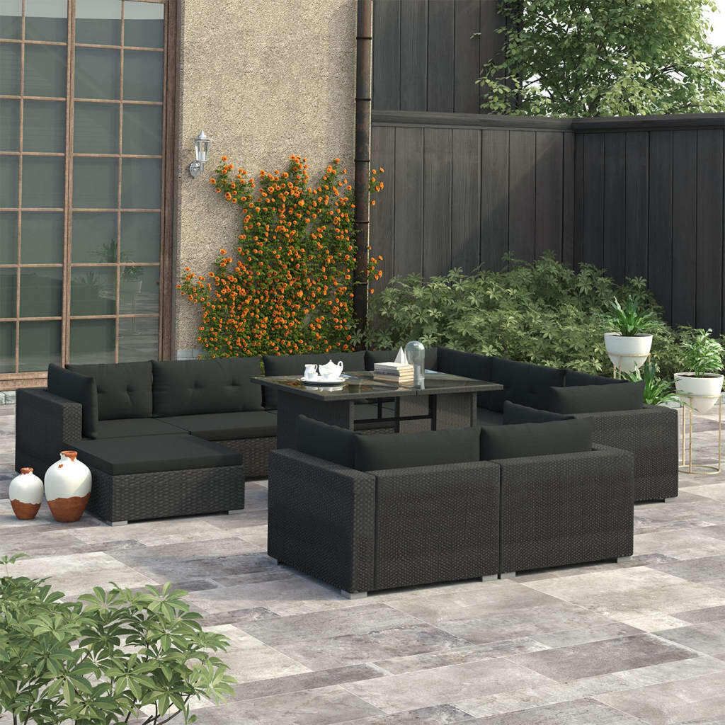 The Living Store 10-tlg. Garten-Lounge-Set mit Auflagen Poly Rattan Schwarz