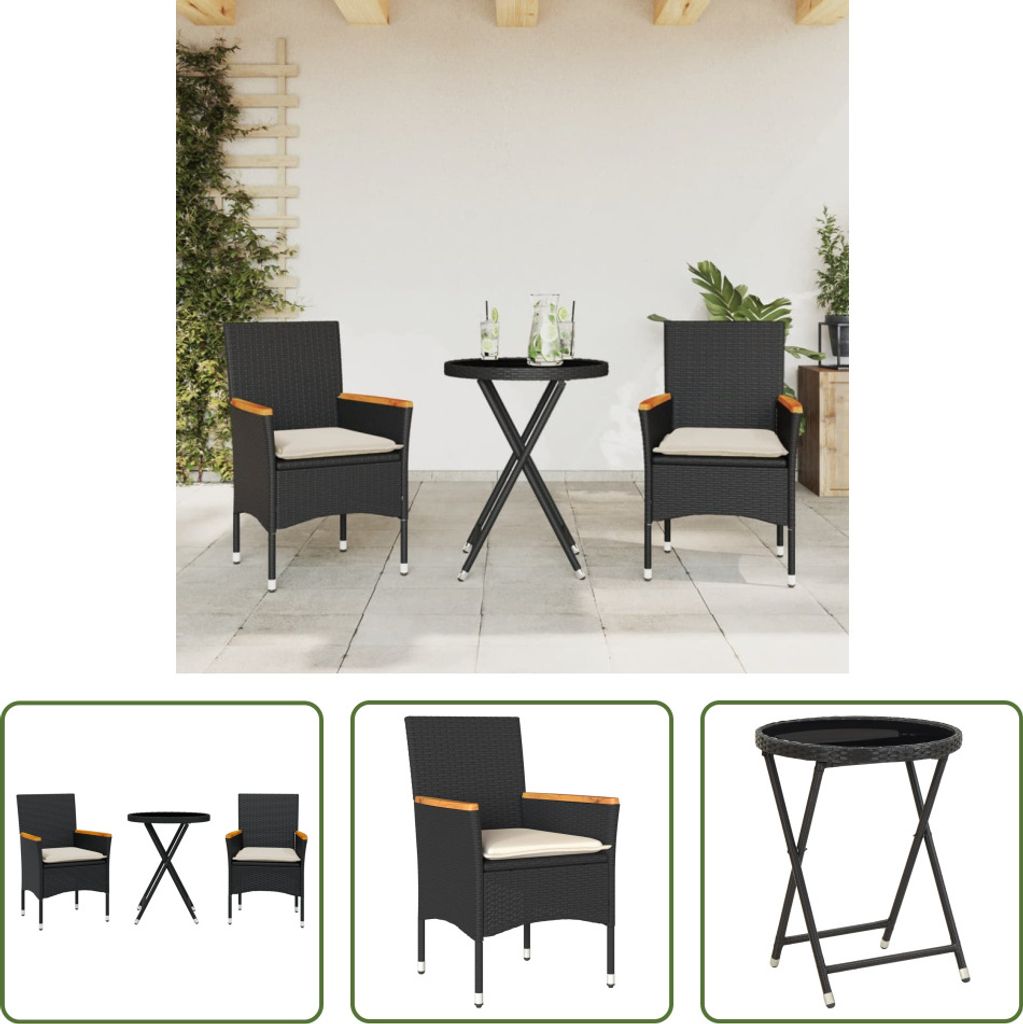 The Living Store 3-tlg. Bistro-Set mit Kissen Schwarz Poly Rattan und Glas