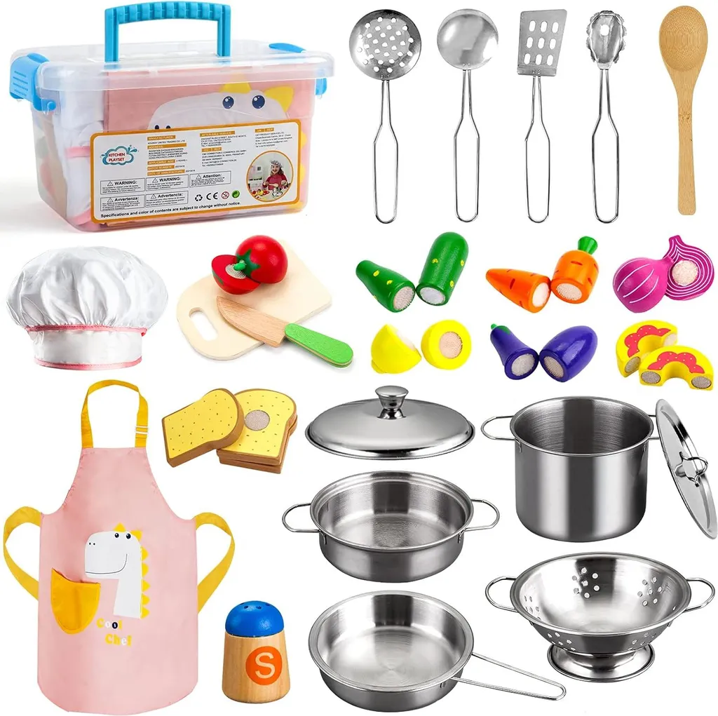 Jeu d'Imitation Cuisine Enfant - Dinette Inox et Accessoires 24 Pièces