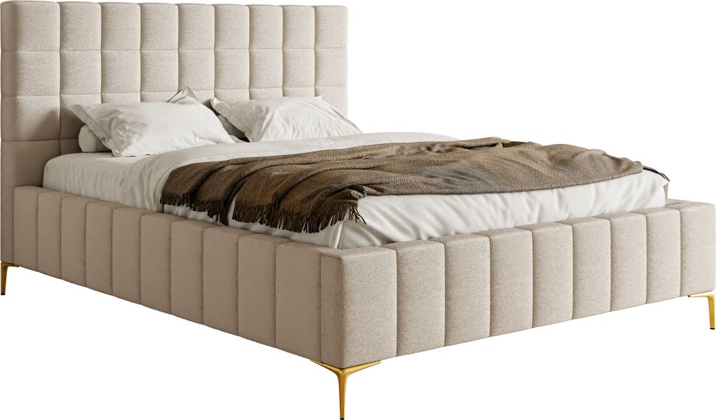 Selsey Szejlo - Polsterbett mit Lattenrost und Bettkasten, Chenille-Bezug in Graubeige, 160 cm