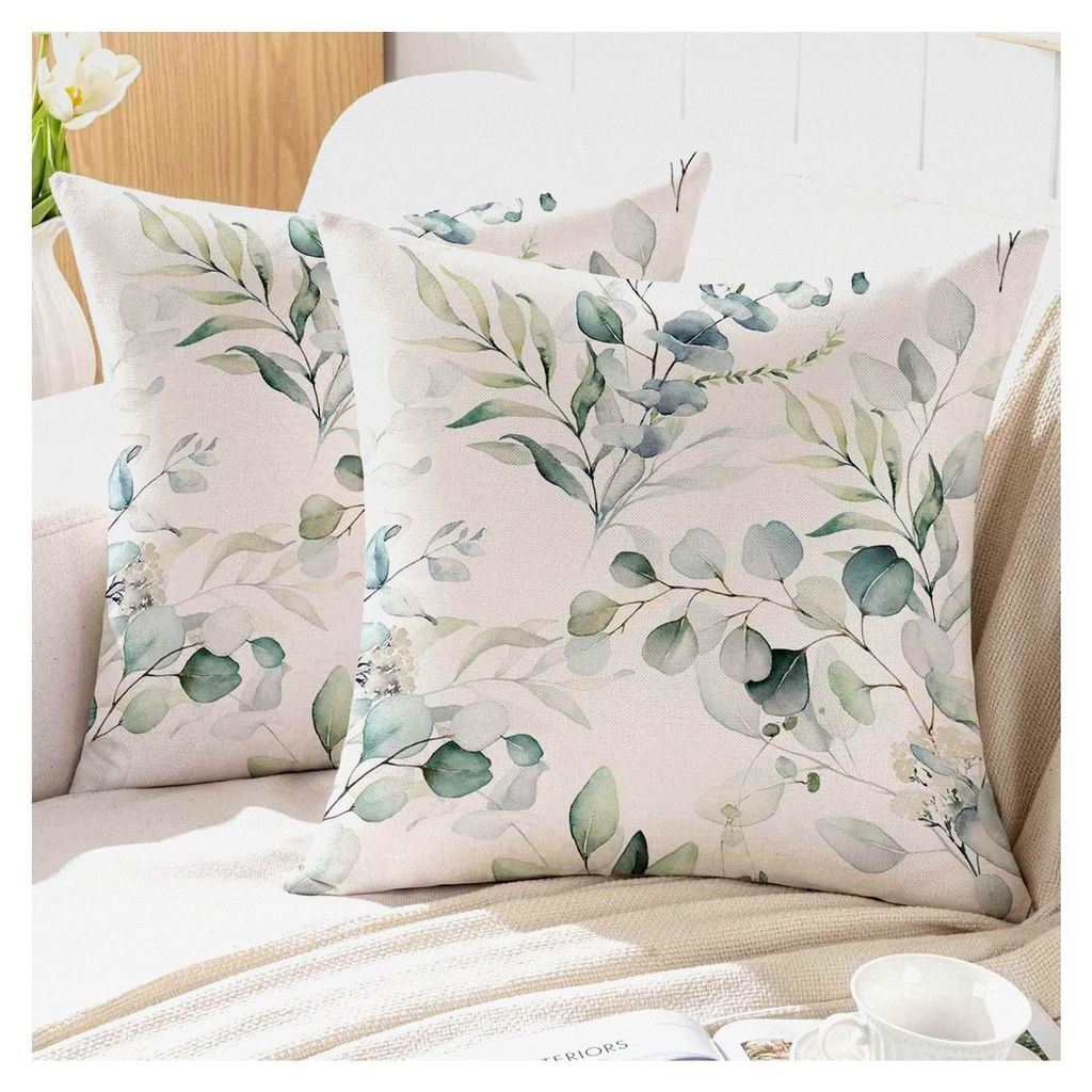 Kissenbezug Frühling 45x45 Eukalyptus Grün Blätter Aquarell 2er Set