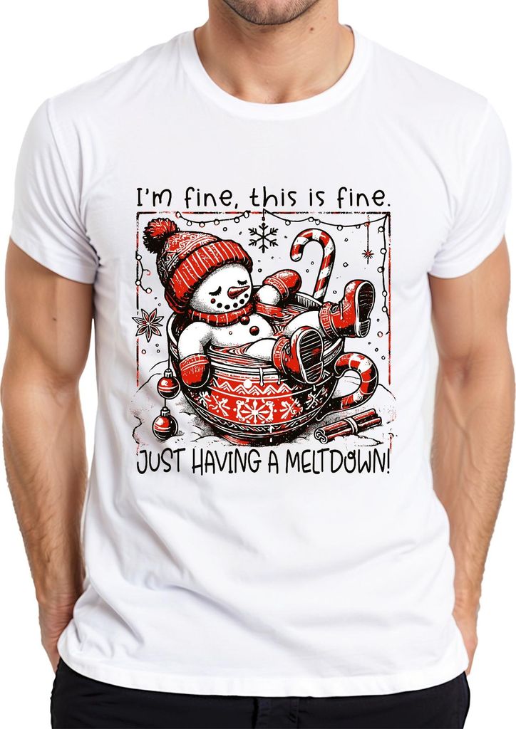 I'm fine this is fine meltdown Schneemann lustig Herren T-Shirt, Weiß, L