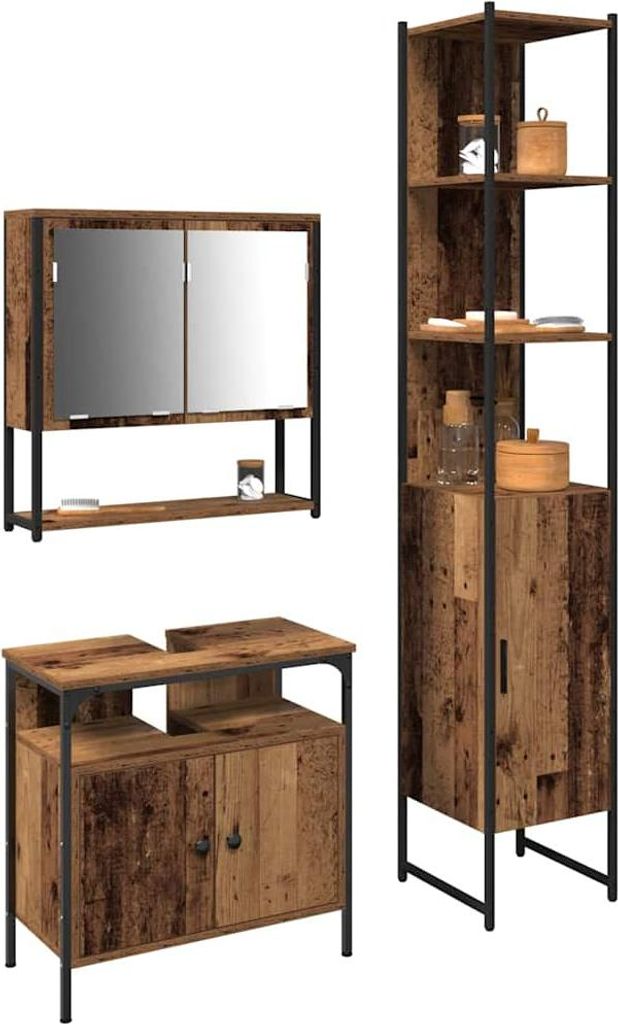 vidaXL Badezimmermöbel-Set mit Regal 3 pcs Altholz Holzwerkstoff