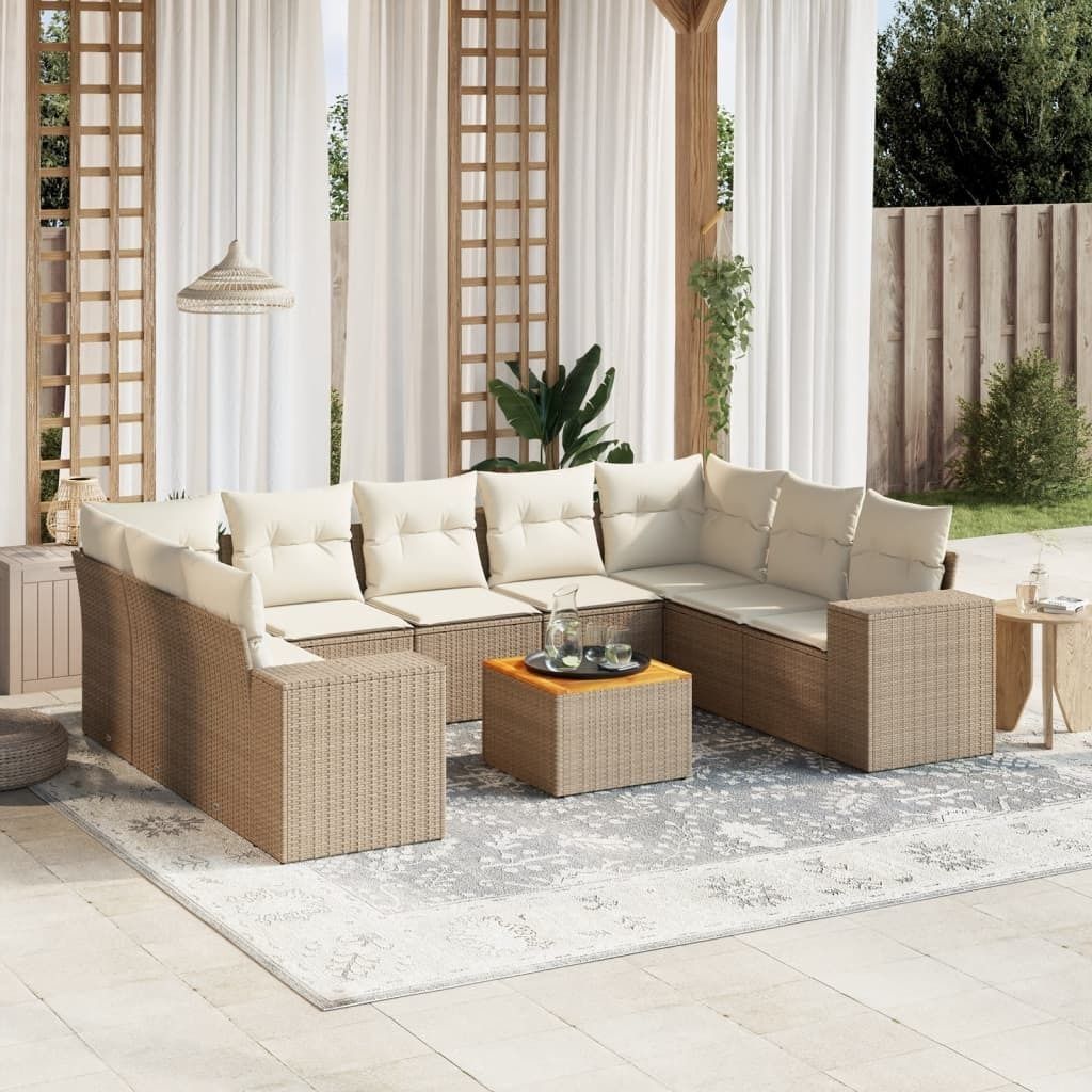 Design 10-tlg. Garten-Sofagarnitur mit Kissen Beige Poly Rattan, Gartenmöbel-Sets 2024 Neu