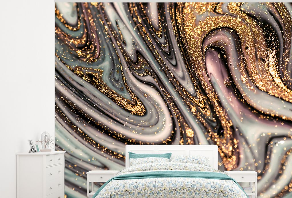 MuchoWow Fototapete für Wohnzimmer oder Schlafzimmer Wandtapete Vinyl Motivtapete Marmoroptik - Gold - Glitter - Luxus - Marmor - Weiß - 375x30...