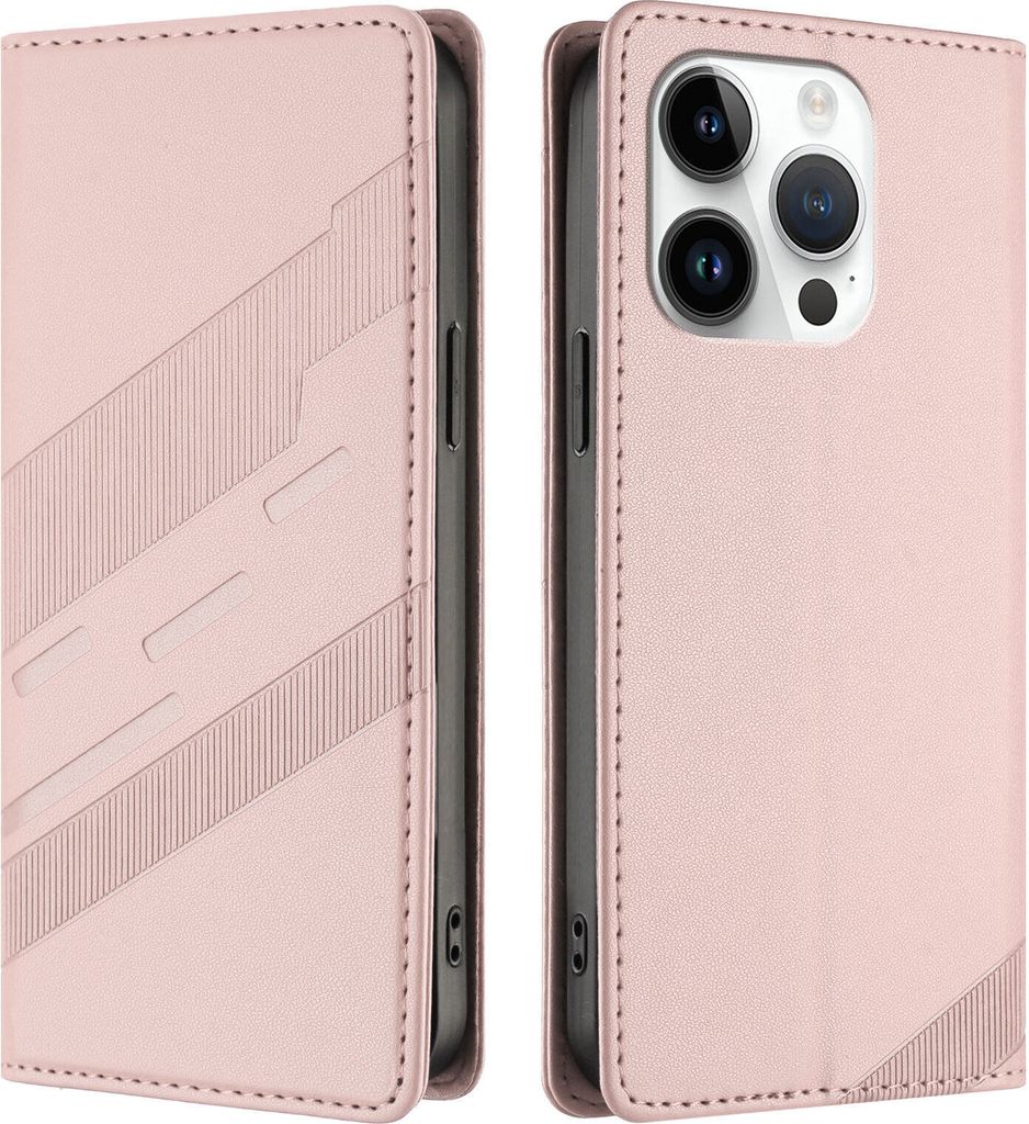 Hülle für iPhone 15 Pro, Kunstleder Brieftaschen Handyhülle mit Kartenfach und Standfunktion Pink