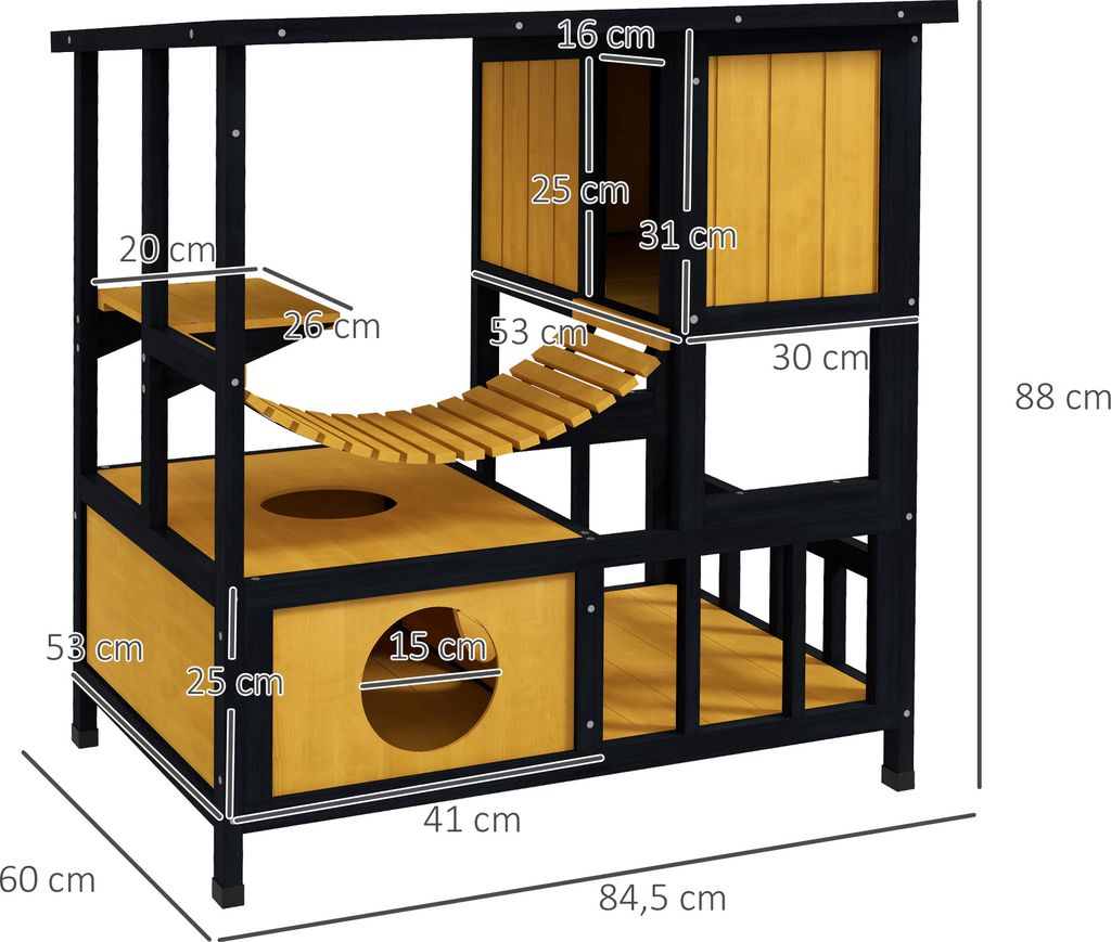 PawHut Katzenhaus aus Holz Winterfest wasserdicht Katzenhütte mit Asphaltdach Terrasse