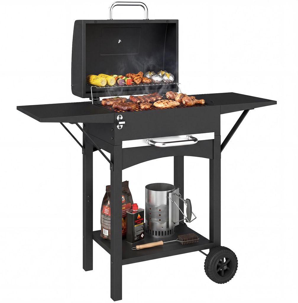 Holzkohlegrill mit Deckel, BBQ Smoker Grill mit 2 Seitentischen Große Grillfläche Grillrost Thermometer Räder, Schwarz, für vielseitige Verwendung