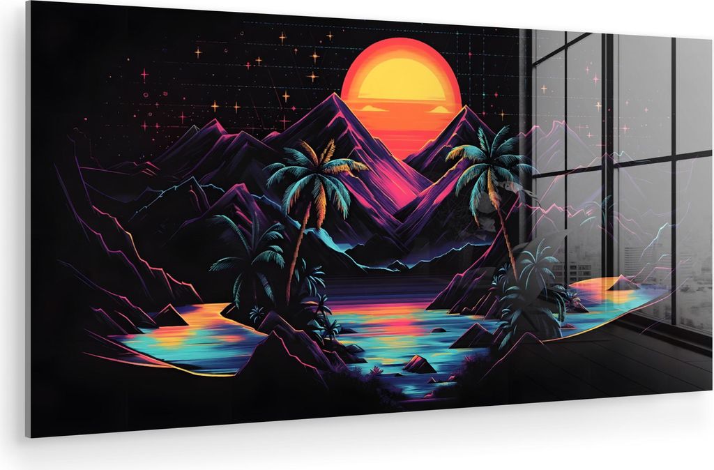 MuchoWow Glasbilder - Bilder auf Wandbild - Foto auf Glas Palmen - Neonberge - Sternenhimmel - Sonne 120x60 cm Wanddekoration aus Glas - Acrylglasb...