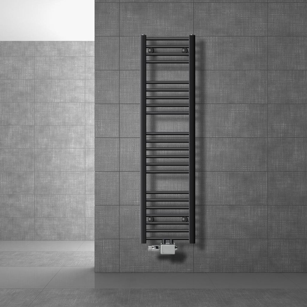 LuxeBath Badheizkörper Mittelanschluss 300 x 1400 mm Anthrazit gerade mit Thermostat Anschlussgarnitur Universal Eck- & Durchgangsform, ohne Heizstab