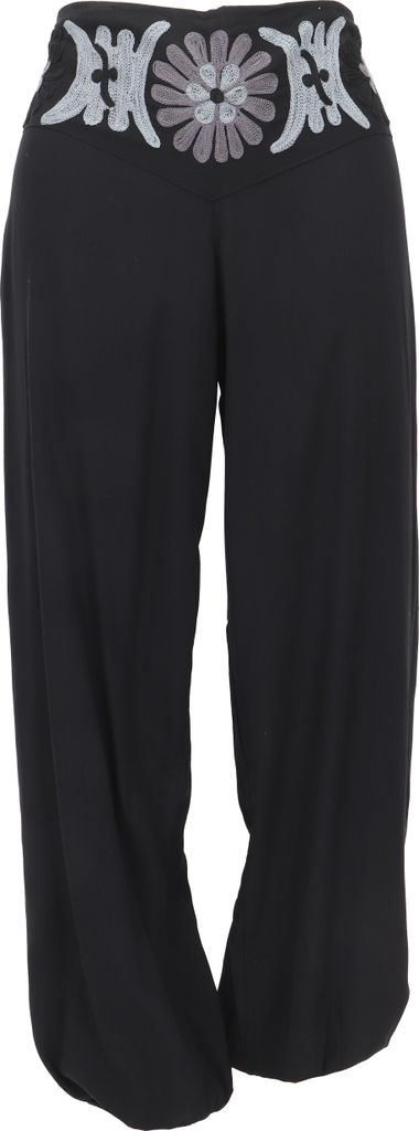 Bestickte Boho Pluderhose, Muckhose, Haremshose - Schwarz, Damen, Viskose, Hosen
