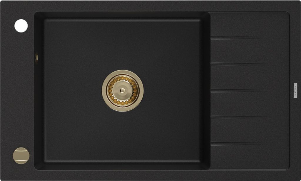 Mexen Elias Granitspüle mit einem Becken und einer Abtropffläche 795 x 480 mm, Schwarz, Siphon Gold - 6511791005-77-G