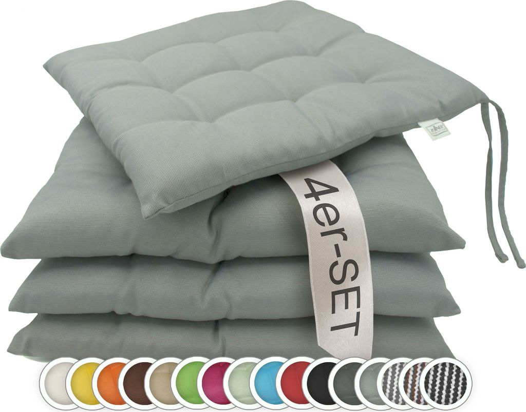A stack of four light gray seat cushions with ties, with a label indicating '4er-SET'. Below the cushions is a row of color swatches.
