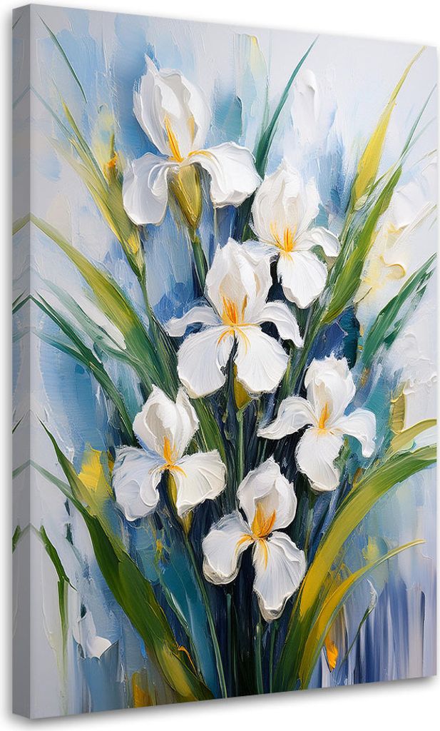Leinwandbild Weiße Schwertlilien Blumen Gemalt 80x120 Feeby Blau bild für die wand bereit zum aufhängen