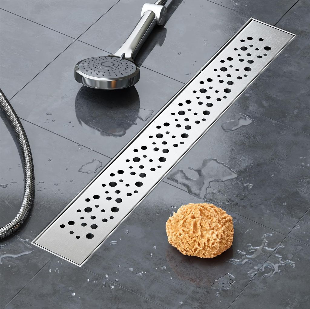 VILSTEIN Duschrinne 110cm, Edelstahl Bodenablauf Komplettset, extra flach, Siphon mit Geruchsstop, Haarsieb - Kreise