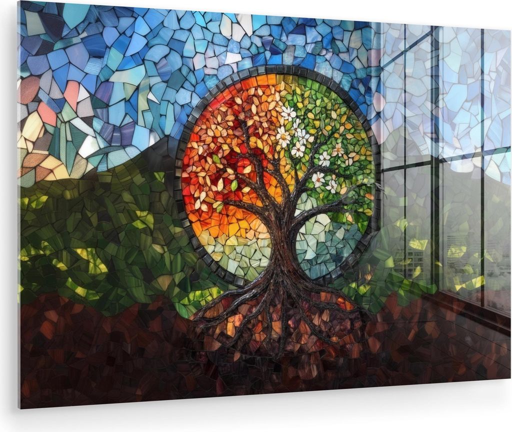 MuchoWow Glasbilder - Bilder auf Wandbild - Foto auf Glas Baum - Jahreszeiten - Mosaik - Berge 30x20 cm Wanddekoration aus Glas - Acrylglasbild - A...