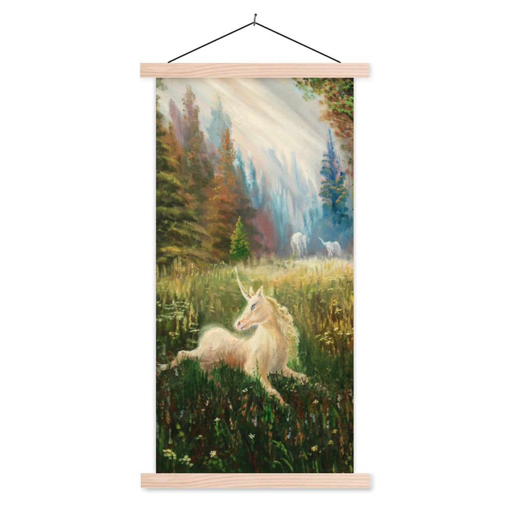 MuchoWow Textilposter Eine Illustration eines Einhorns in einem Wald - Mädchen - Kinder - Kinder 60x120 cm mit holzfarbenen Rahmen - Holz