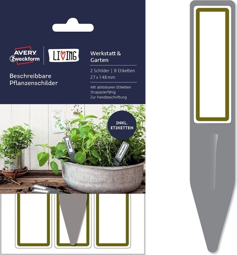 AVERY Zweckform 62029 Living Pflanzenschilder (2 Schilder, 8 Etiketten, beschreibbar, 27 x 148 mm) grau/weiß