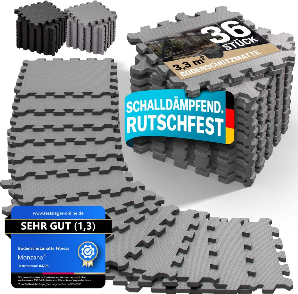 MONZANA 36x Bodenschutzmatten Fitness & Pool mit Randstücken 30 x 30 cm 3 qm Rutschfest EVA-Schaumstoff Puzzlematte Trainingsmatten Fitnessgeräte