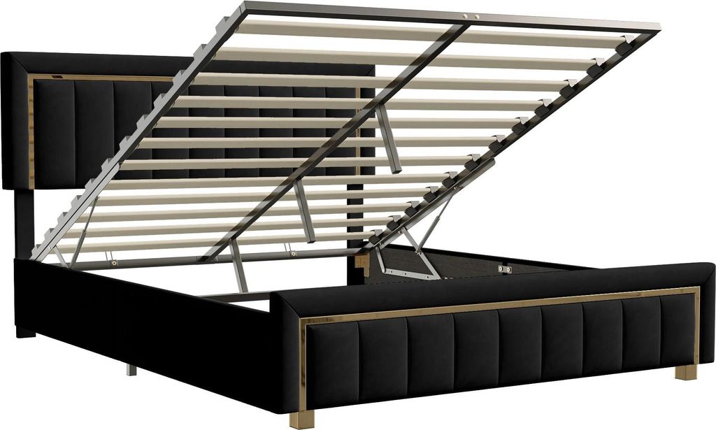 Polsterbett - Doppelbett 140x200 cm - Mit Stauraum - Hydraulischer Lift - Samtbezug - Holzrahmen - Kopfteil - Schwarz