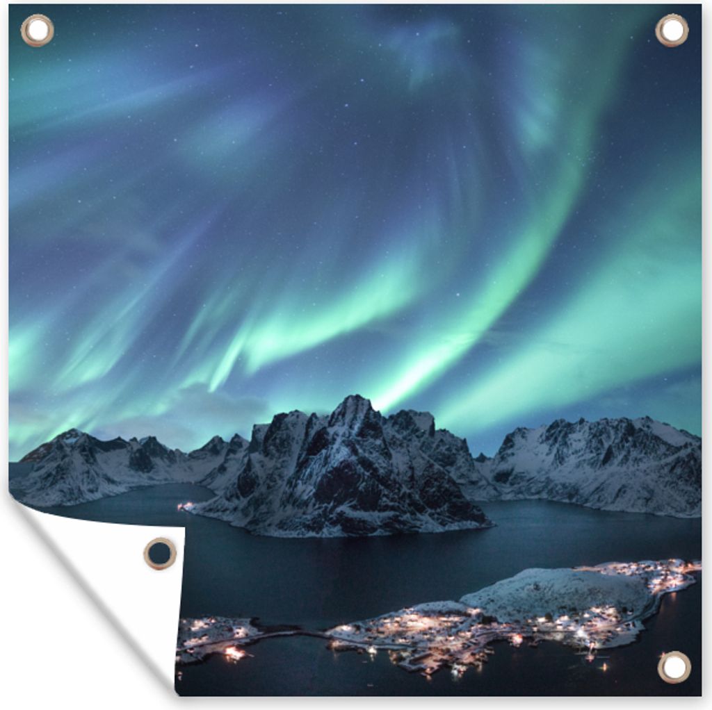 MuchoWow 100x100 cm Outdoor-Poster Gartendeko Sichtschutz Garten Poster für den Garten Nordlichter - Grün - Meer